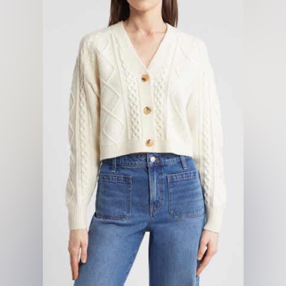 Madewell Cream Cable Knit Cardigan Sweater wool